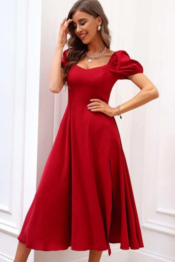 Kadın Kısa Kollu Kare Yakalı Yırtmaçlı Midi Janjan Krep Elbise