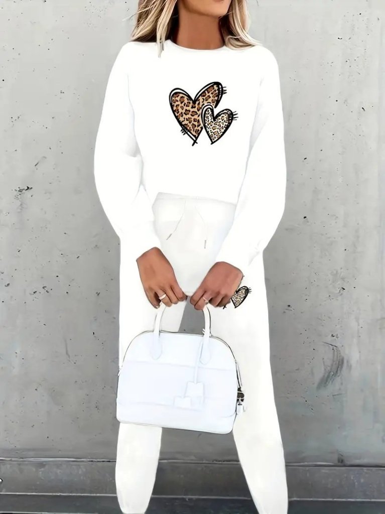 Kadın Uzun Kollu Bisiklet Yaka Kalp Desenli şardonlu üç Iplik Bluz Ve Pantolon Ikili Takım - Görsel 2