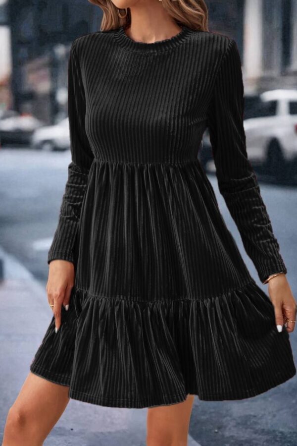 Kadın Uzun Kollu Bisiklet Yaka Pileli Kalın Fitilli Kaşkorse Elbise