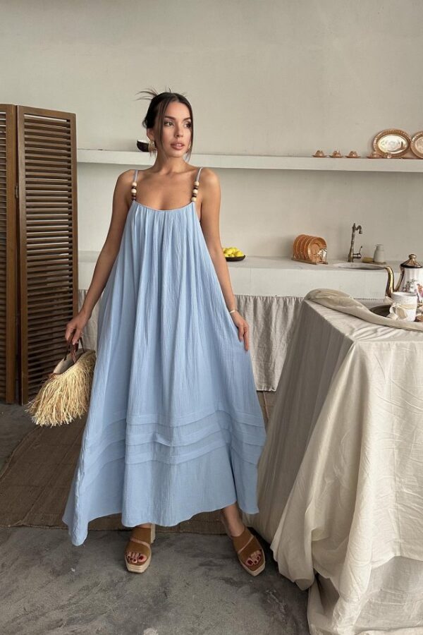Mavi Askılı Müslin Elbise