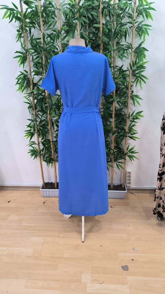 Kadın Kısa Kollu Yakalı önden Düğmeli Beli Kuşaklı Ithal Keten Elbise - Görsel 6