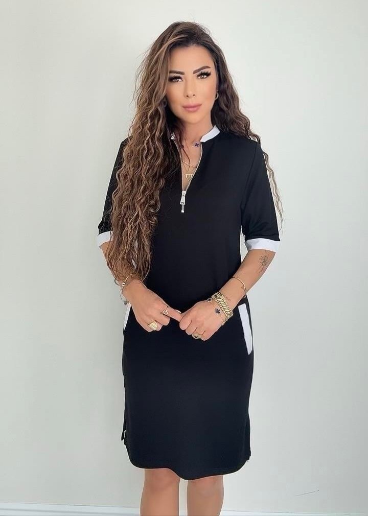 Kadın Kısa Kollu Yakadan Fermuarlı Cepli Yandan Yırtmaçlı Viskon Elbise - Görsel 2