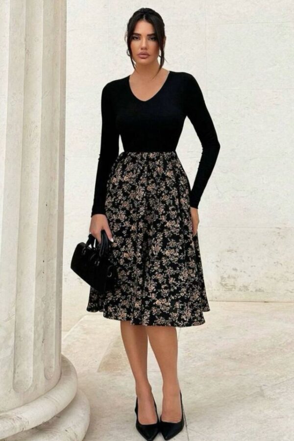 Kadın Uzun Kollu V Yakalı üst Viskon Alt çiçek Desenli Süprem Kısa Elbise