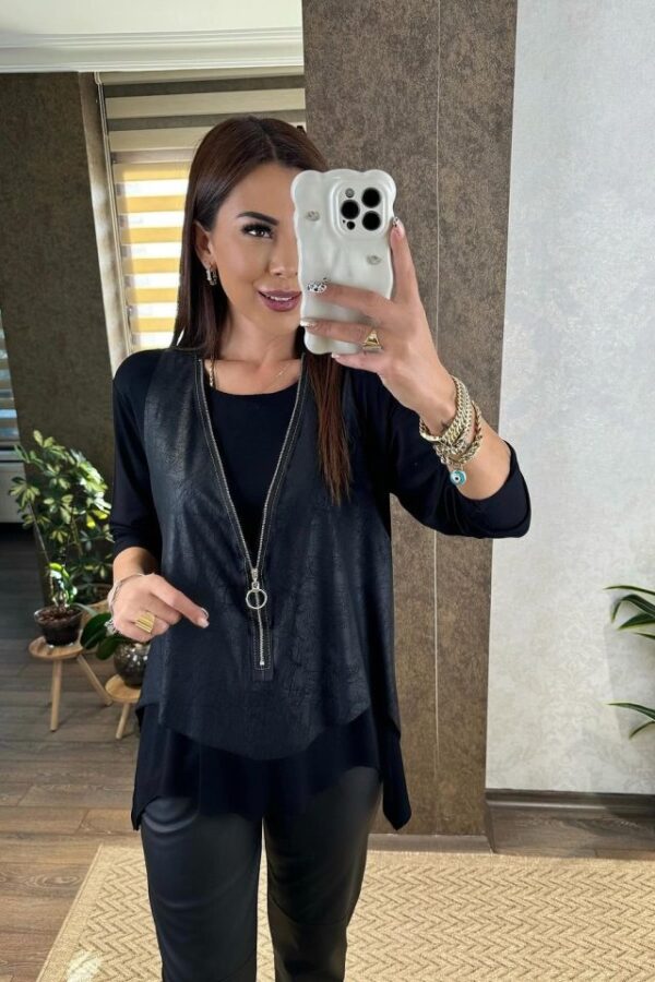 Kadın Uzun Kol Asimetrik Kesim Viskon Bluz Ve çatlak Deri Görünümlü Fermuar Detaylı Yelek Ikili Takım