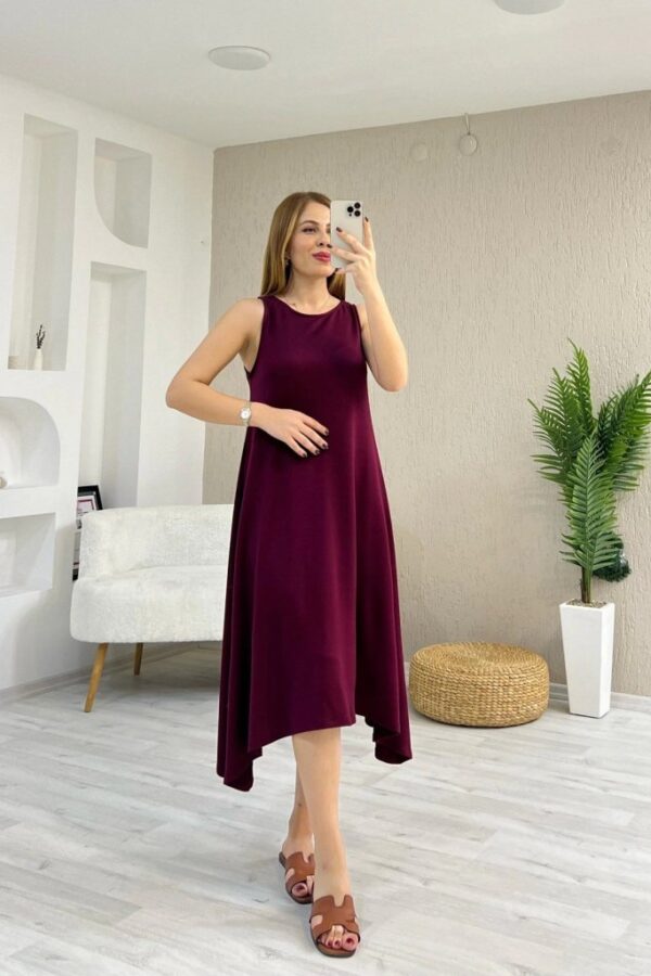 Kadın Askılı Yuvarlak Yakalı Asimetrik Kesim Detaylı Viskon Elbise