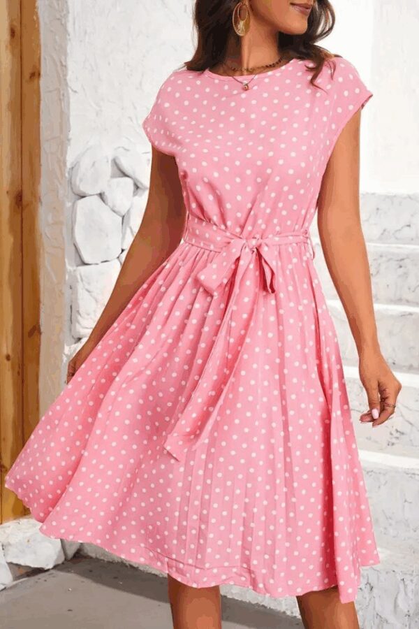 Kadın Kolsuz Beli Kuşaklı Puantiyeli Sandy Elbise