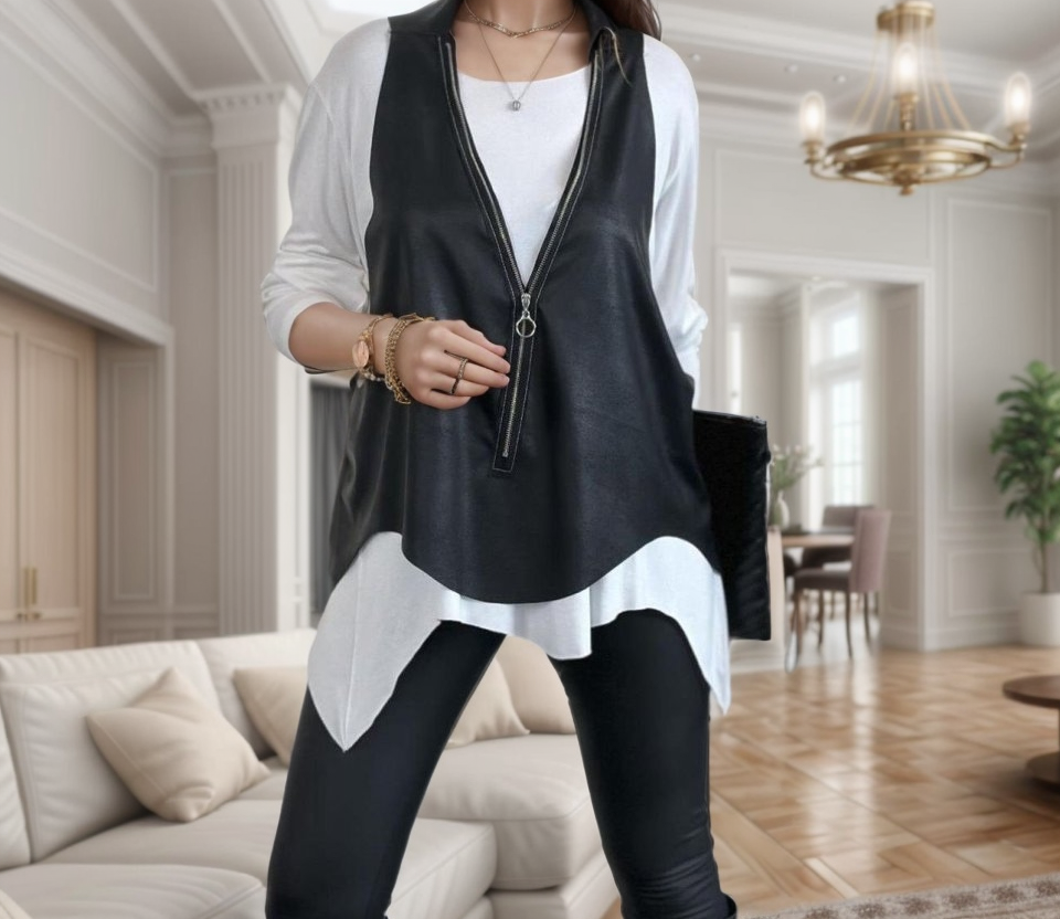 Kadın Uzun Kol Asimetrik Kesim Viskon Bluz Ve çatlak Deri Görünümlü Fermuar Detaylı Yelek Ikili Takım - Görsel 10