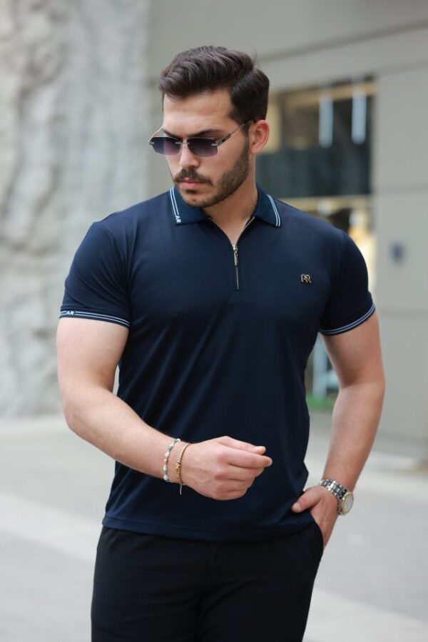 Erkek Yaka Ve Kolları çizgi Detaylı Fermuar Yakalı Kısa Kollu Tişört