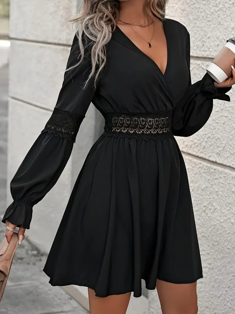 Kadın Uzun Kollu Kruvaze Yakalı Dantelli Fermuar Detaylı Mini Ithal Krep Elbise - Görsel 13