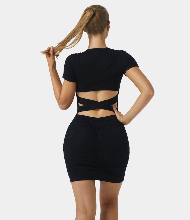 Kadın Kısa Kollu Bel çapraz şerit Detay Büzgülü Sandy Kumaş Elbise - Görsel 4