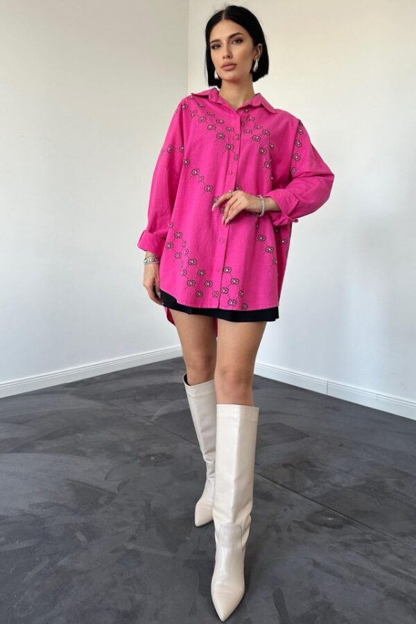 Fuşya Boyamalı Keten Baskılı Taşlı Gömlek