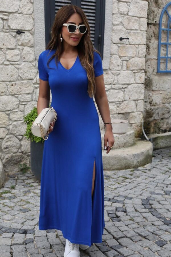 Kadın Kısa Kollu V Yaka Maxi Boy Elbise 124 Cm