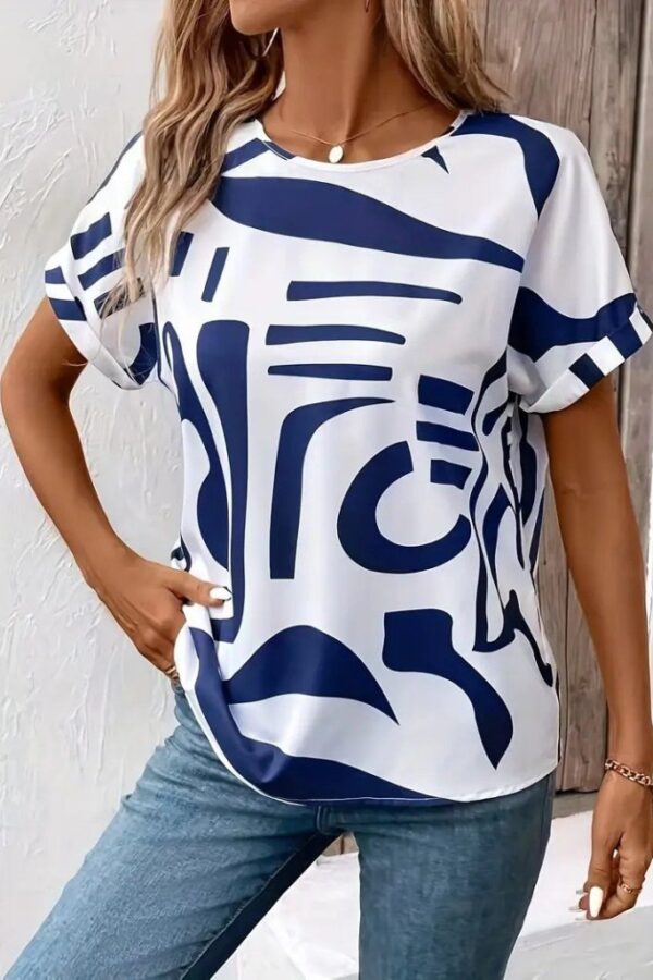 Kadın Kısa Kollu Yuvarlak Yaka Desenli Süprem Bluz