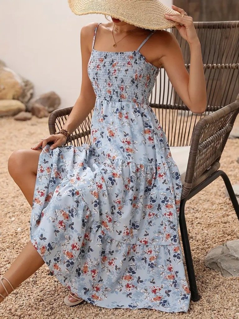 Kadın Ip Askılı Geniş V Yakalı Desenli Uzun Süprem Elbise - Görsel 8