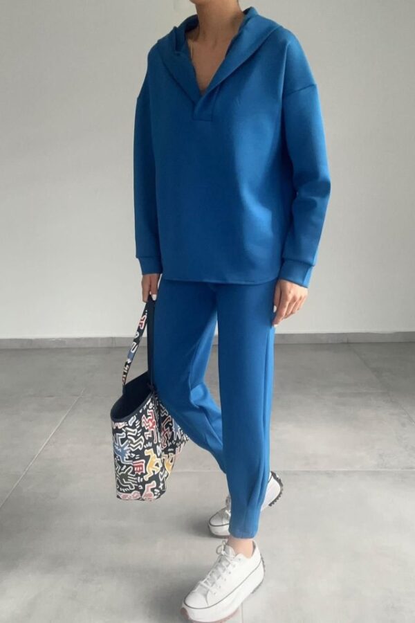 Kadın Uzun Kol V Yaka Kapüşon Detay Sweat Ve Yüksel Bel Eşofman Ikili Takım