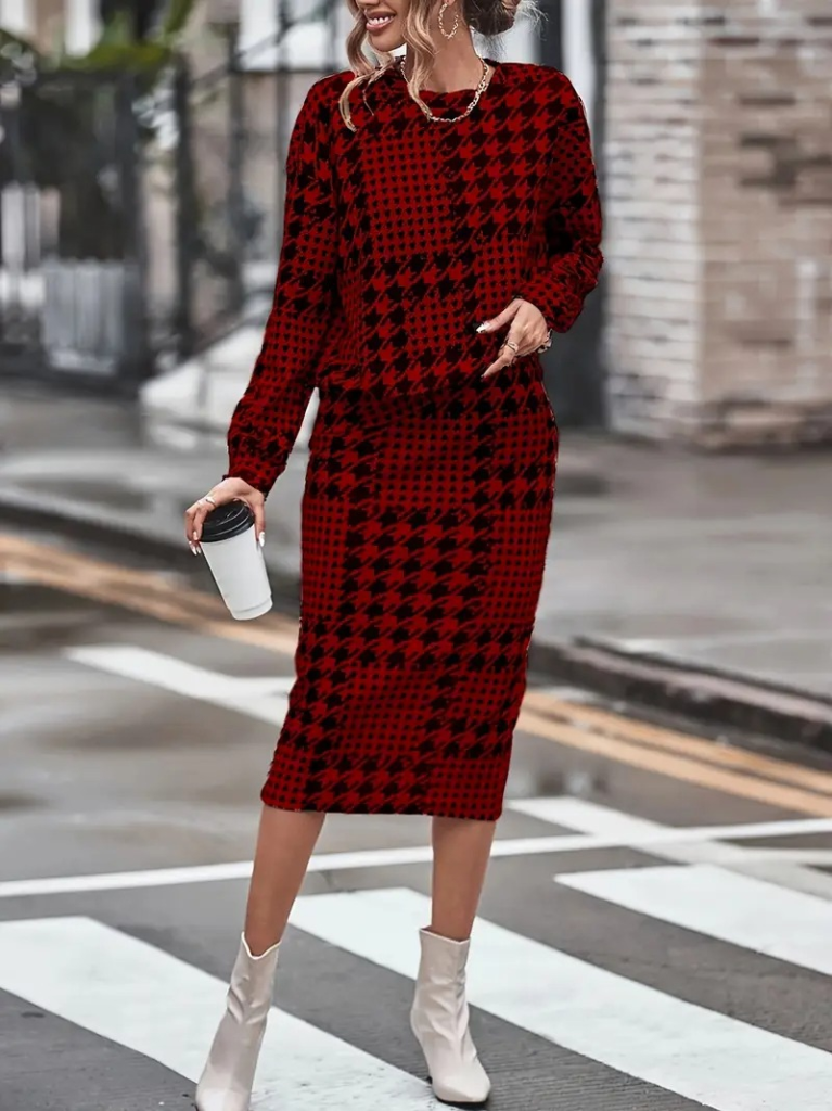 Kadın Uzun Kollu Bisiklet Yaka şardonlu Dalgıç Bluz Ve Yırtmaçlı Midi Etek Takım - Görsel 3