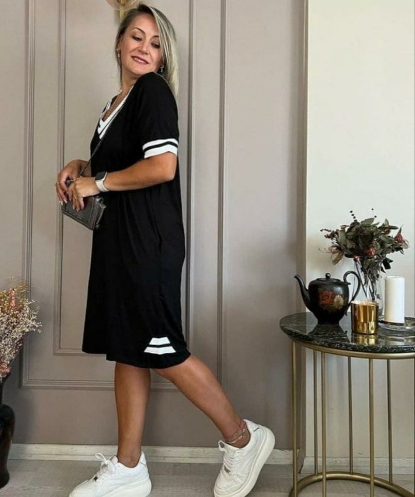 Kadın Kısa Kollu V Yaka Ribana Detaylı Cepli Dizüstü Viskon Elbise - Görsel 4