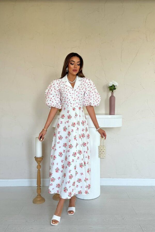 Ekru Dijital Baskılı Elbise