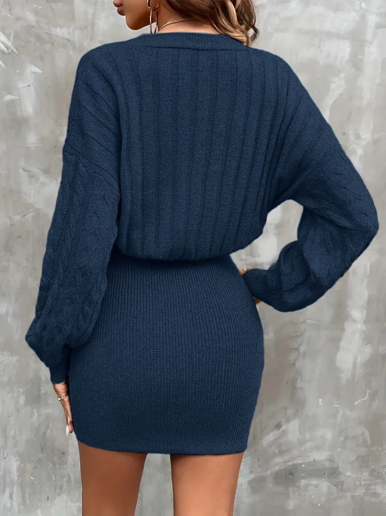 Kadın Uzun Kollu V Yakalı önden Düğmeli Kısa Triko Elbise - Görsel 6