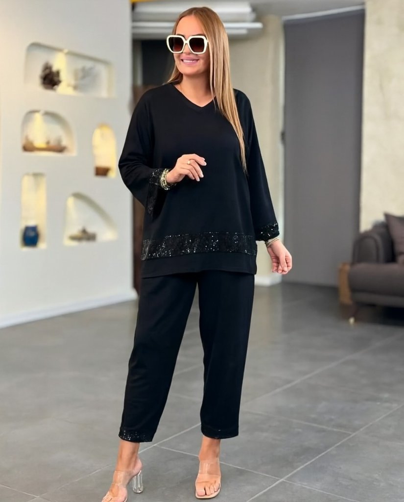 Kadın Uzun Kollu V Yakalı Pulpayet Viskon Iki Iplik Bluz Ve Pantolon Takım - Görsel 11