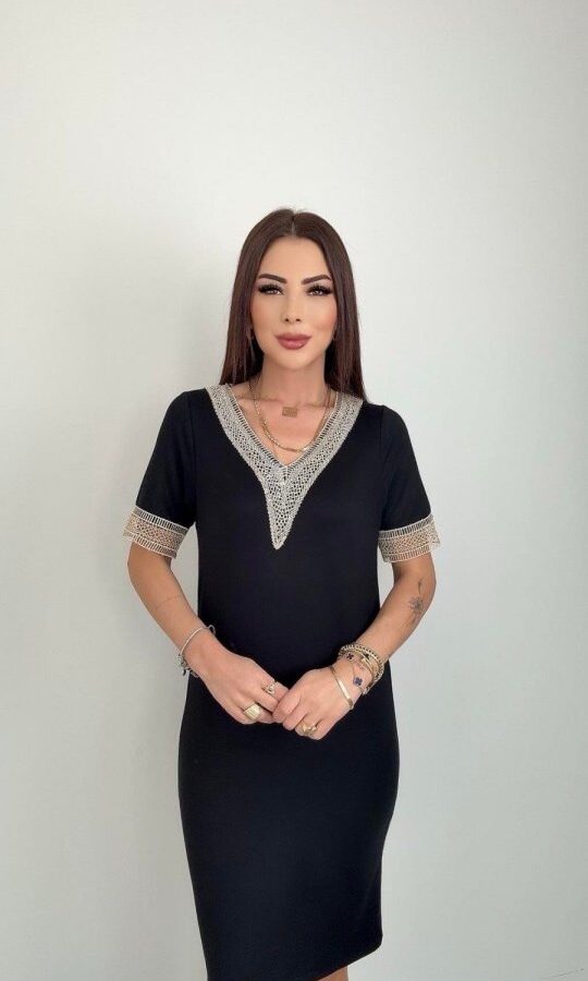 Kadın V Yaka Güpürlü İki İplik Elbise