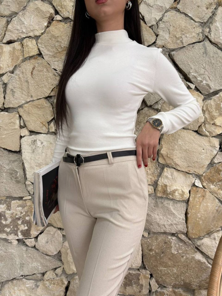 Kadın Yüksek Bel Dar Paça Kemer Dahil Kumaş Pantolon - Görsel 7