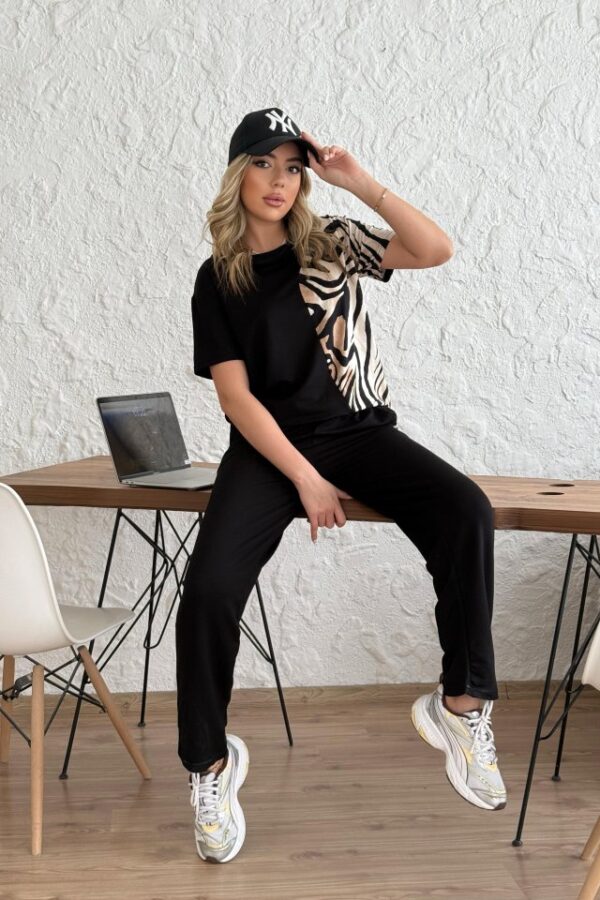 Kadın Bisiklet Yaka Kısa Kol Leopar Desen Bluz Ve Pantolon Ikili Takım
