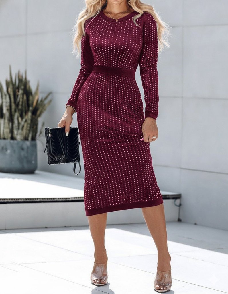 Kadın Uzun Kollu Bisiklet Yaka Taşlı Midi Kadife Elbise - Görsel 8