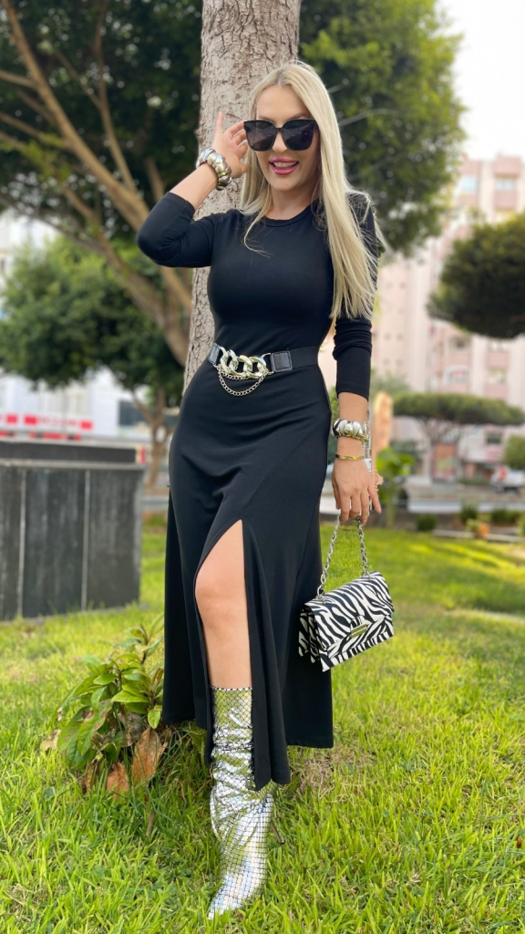 Kadın Uzun Kollu Bisiklet Yaka Yırtmaçlı Kemerli Uzun çilek Elbise - Görsel 2