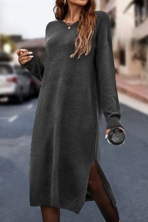 Kadın Uzun Kollu Bisiklet Yaka Yırtmaç Detay Triko Midi Boy Elbise