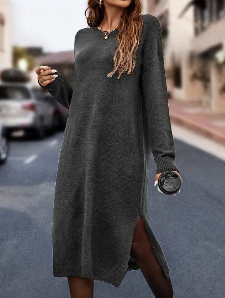 Kadın Uzun Kollu Bisiklet Yaka Yırtmaç Detay Triko Midi Boy Elbise