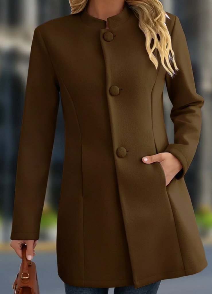 Kadın Uzun Kollu Hakim Yakalı önden Düğmeli Cep Detaylı Kısa Taba Kaşe Kaban - Görsel 3