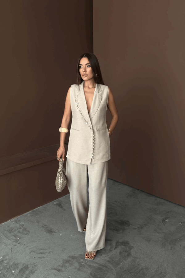 YAKA MİDYE KABUĞU SIRALI YELEK - PANTOLONTAKIM KETEN KUMAŞ - Ham