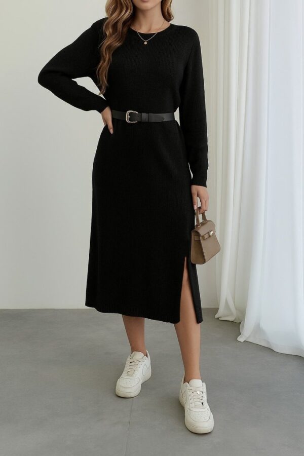 Kadın Uzun Kollu Bisiklet Yaka Yandan Yırtmaçlı Midi Triko Elbise