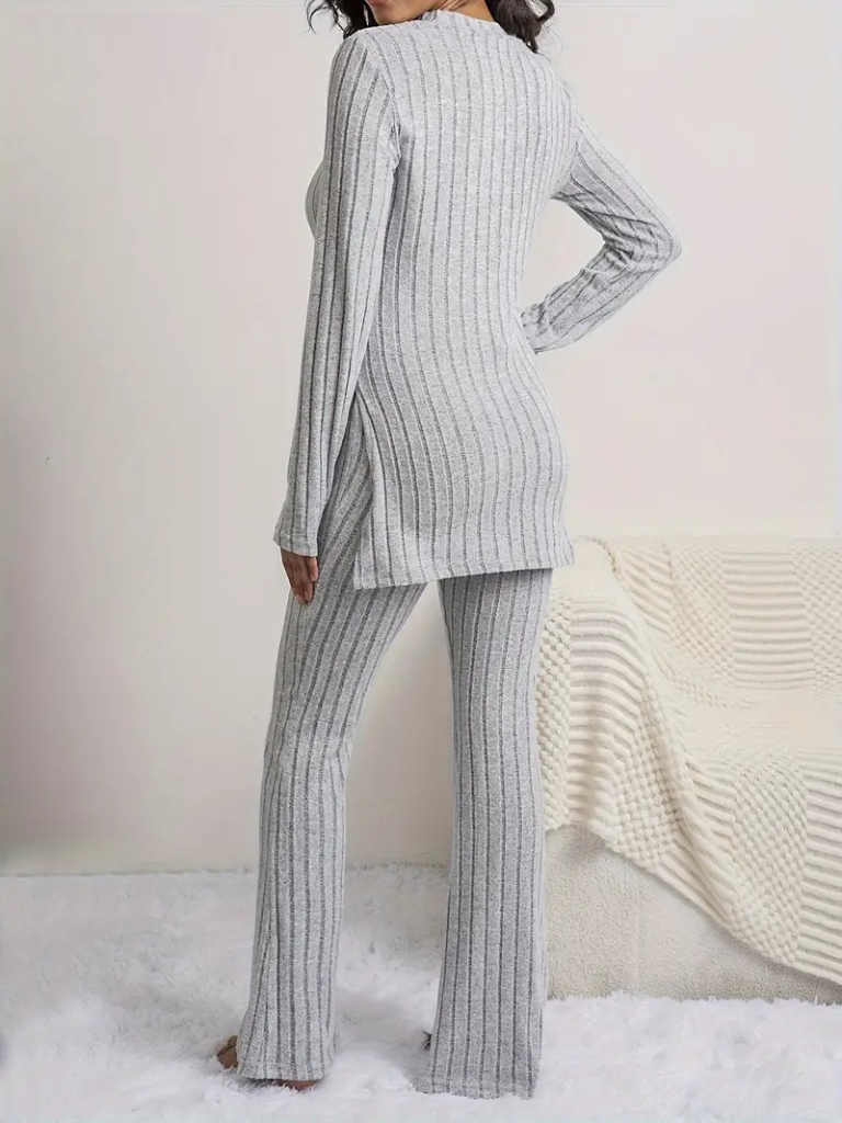 Kadın Uzun Kollu Yuvarlak Yaka Yandan Yırtmaç Detaylı şardonlu Kaşkorse Bluz Ve Pantolon Ikili Takım - Görsel 12