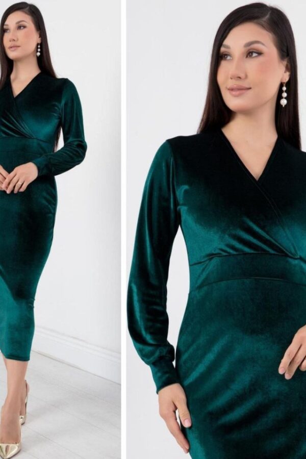 Kadın Kadife Kumaş Manşetli V Yaka Şık Kalem Elbise