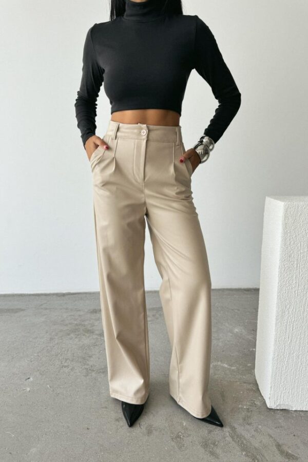 DERİ PALAZZO PANTOLON BORU PAÇA - Taş