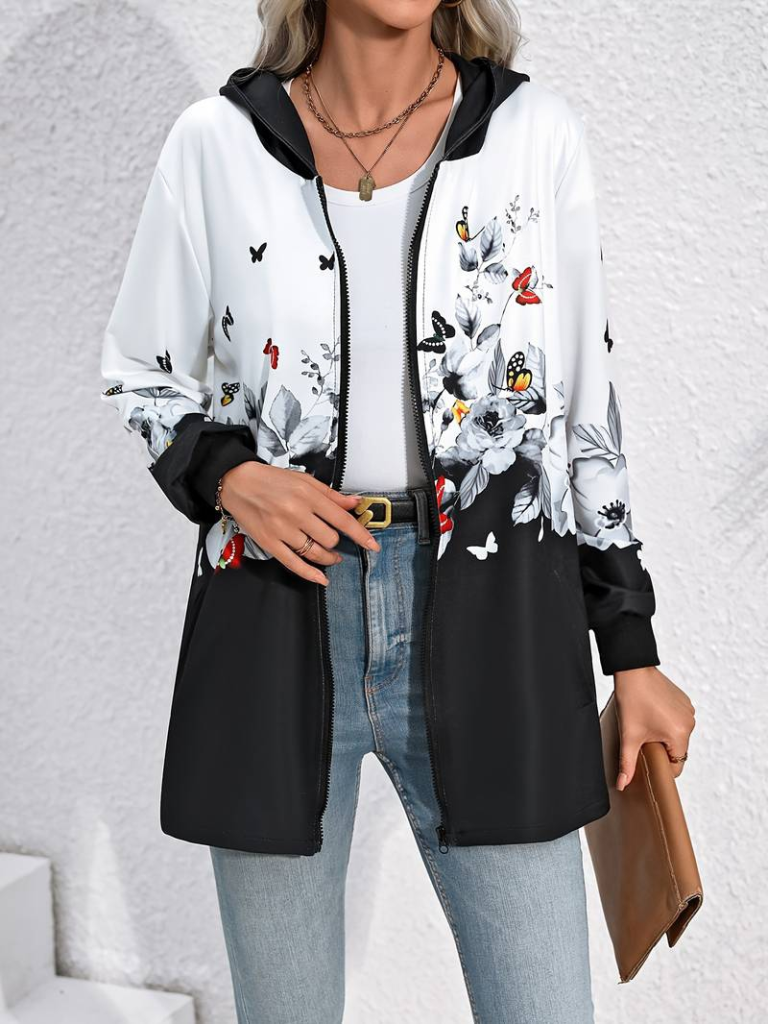 Kadın Uzun Kollu Kapşonlu Fermuarlı çiçek-kelebek Desenli şardonlu Dalgıç Ceket - Görsel 5