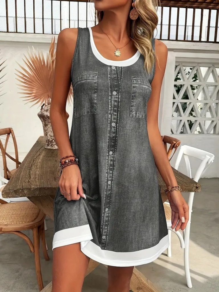 Kadın Askılı Yuvarlak Yakalı Kot Görünümlü Kısa Süprem Elbise - Görsel 9