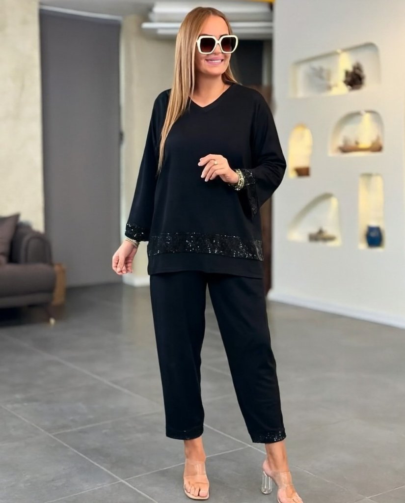 Kadın Uzun Kollu V Yakalı Pulpayet Viskon Iki Iplik Bluz Ve Pantolon Takım - Görsel 14