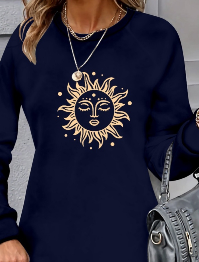 Kadın Uzun Kollu Bisiklet Yaka Güneş Desenli Viskon Iki Iplik Elbise - Görsel 2