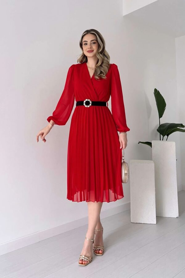 Kadın şifon Kumaş Astalı Kloş Kesim Kruvaze Yaka Midi Boy Elbise