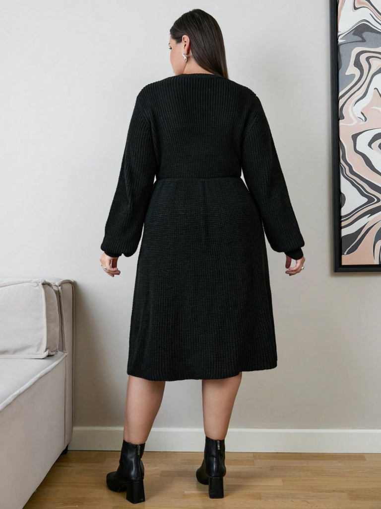 Kadın Uzun Kollu Bisiklet Yaka Eteği Kloş Triko Elbise - Görsel 4