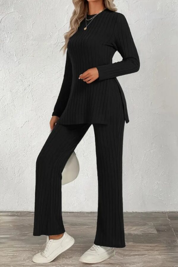 Kadın Uzun Kollu Bisiklet Yaka Yandan Yırtmaçlı şardonlu Kaşkorse Bluz Ve Pantolon Ikili Takım