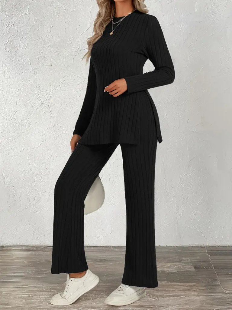 Kadın Uzun Kollu Bisiklet Yaka Yandan Yırtmaçlı şardonlu Kaşkorse Bluz Ve Pantolon Ikili Takım