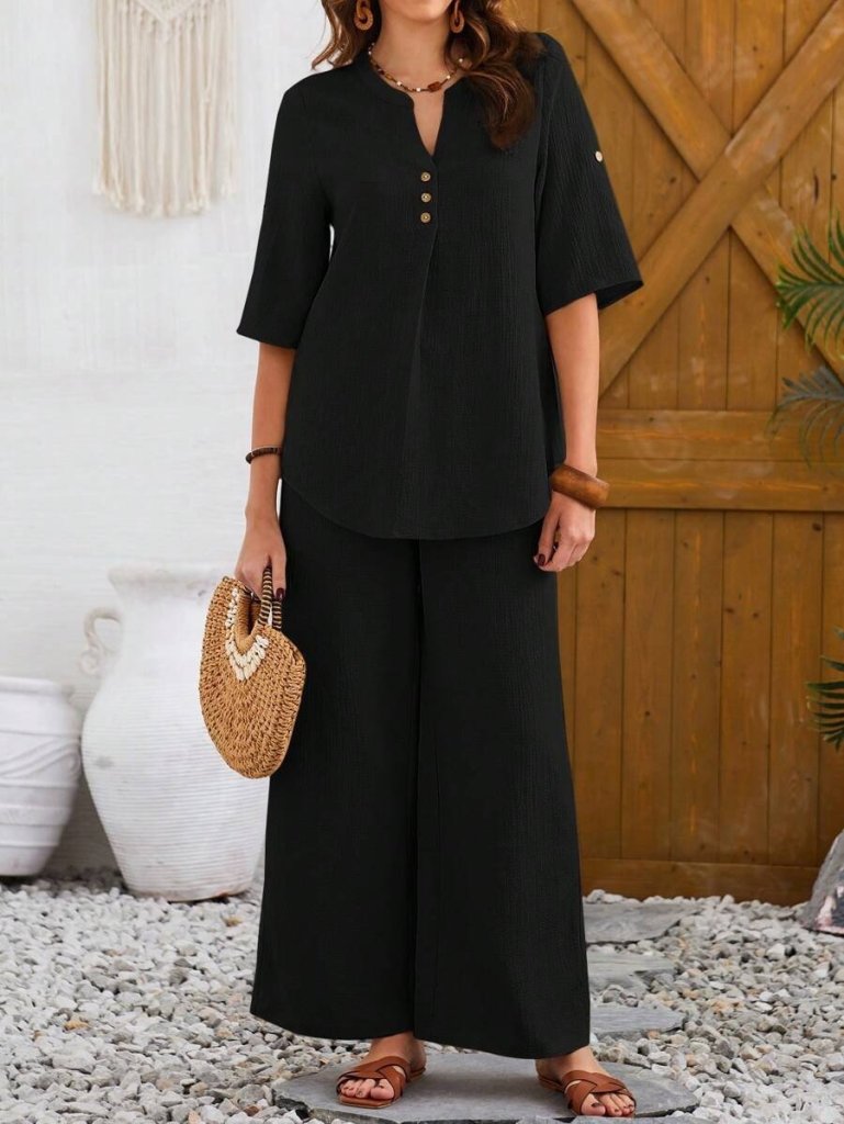 Kadın Kısa Kollu V Hakim Yaka Düğmeli Bürümcük Bluz Ve Pantolon Ikili Takım - Görsel 6