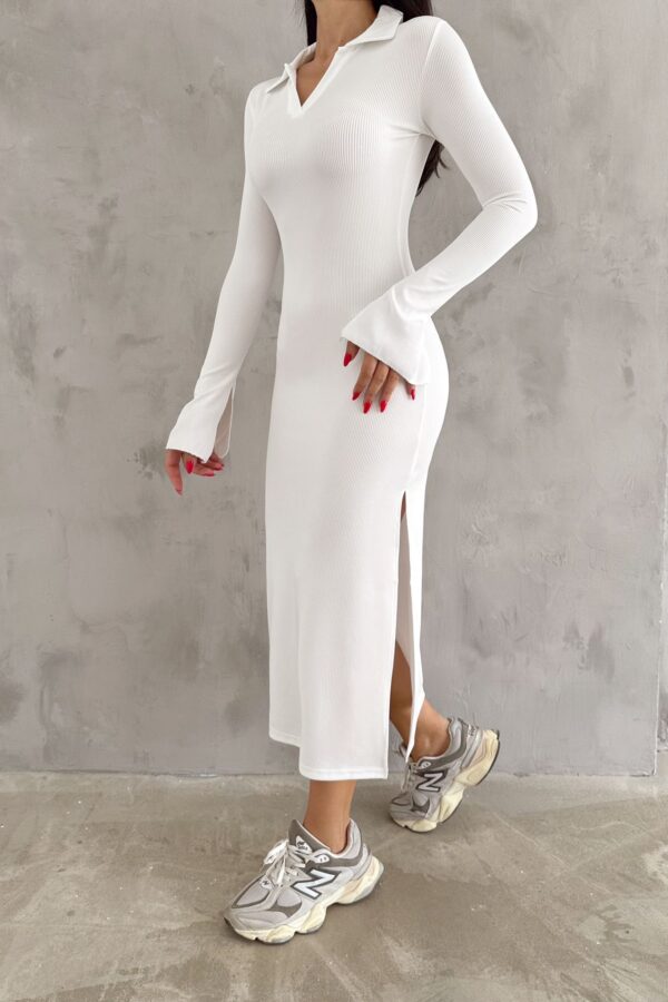 Kadın Kaşkorse Kumaş Polo Yaka Yırtmaç Detaylı Midi Boy Elbise