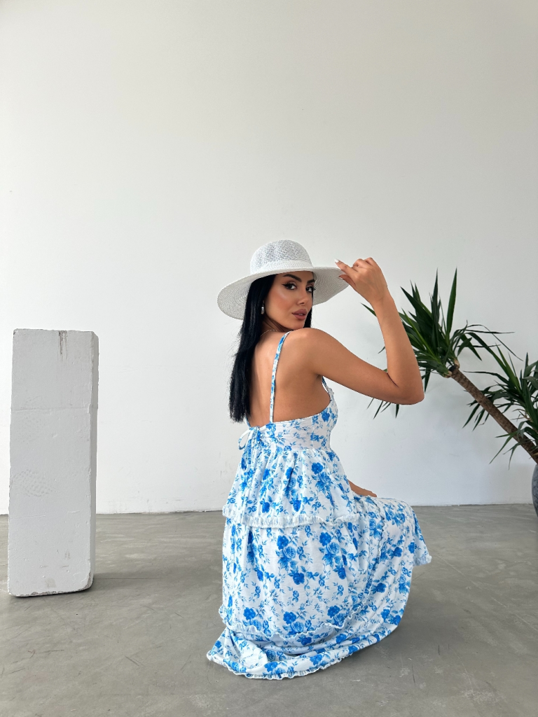 Kadın Askılı Dekolteli Yırtmaç Detay çiçek Baskılı Süprem Midi Elbise - Görsel 8