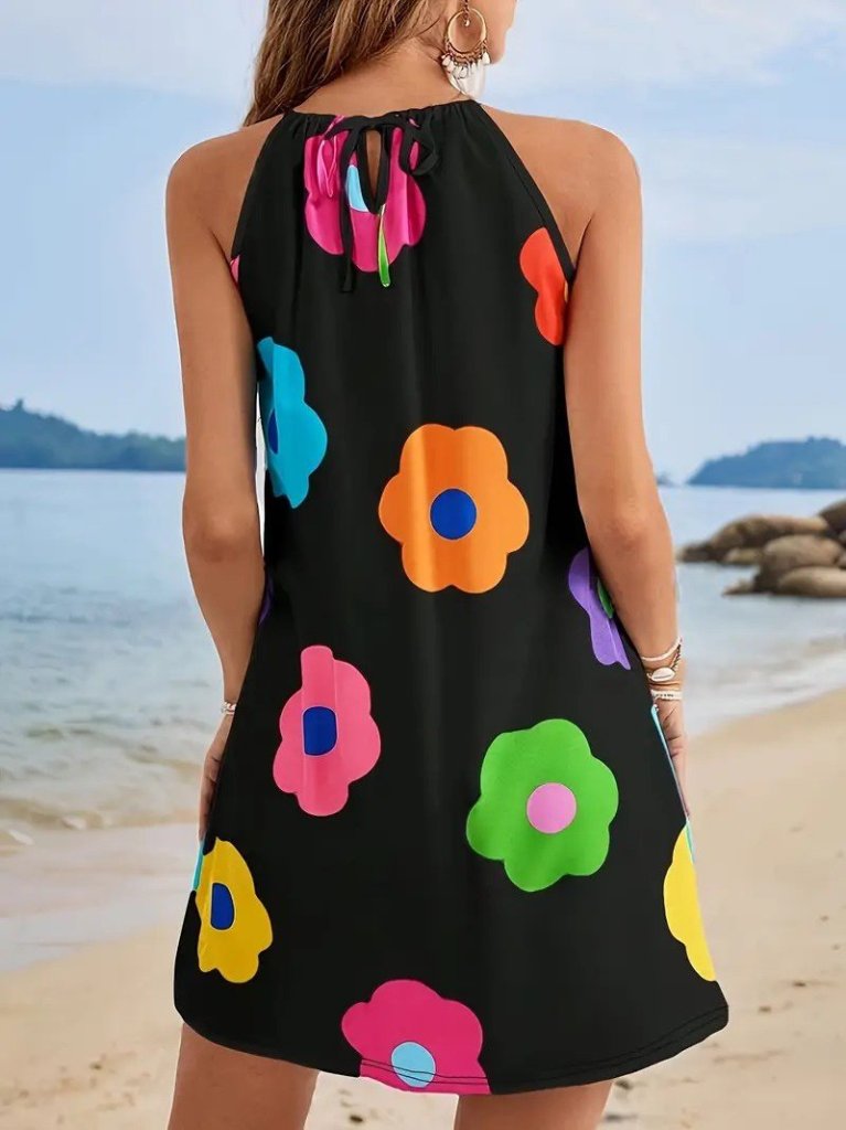 Kadın Boyundan Askılı Kolsuz çiçek Desenli Süprem Elbise - Görsel 4