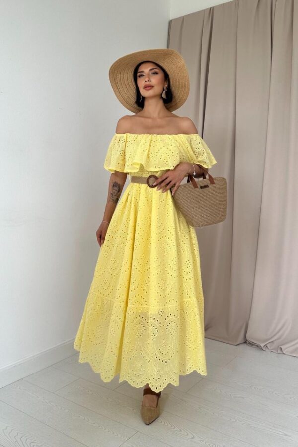 Kahverengi Omzu Lastikli Brode Elbise